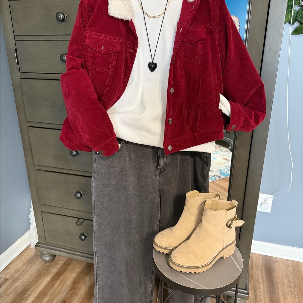 Women's Red Corduroy Jacket complete outfit